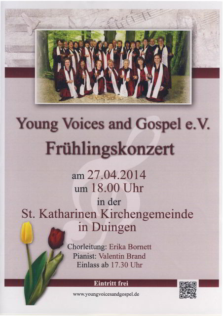 Einladung zum Frühlingskonzert der Young Voices and Gospel in der Katharinenkirche in Duingen am 27.4.2014