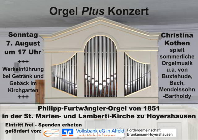 <b>Orgel</b> <i>Plus</i>, die Konzertreihe in Hoyershausen  am 7. August um 17 Uhr