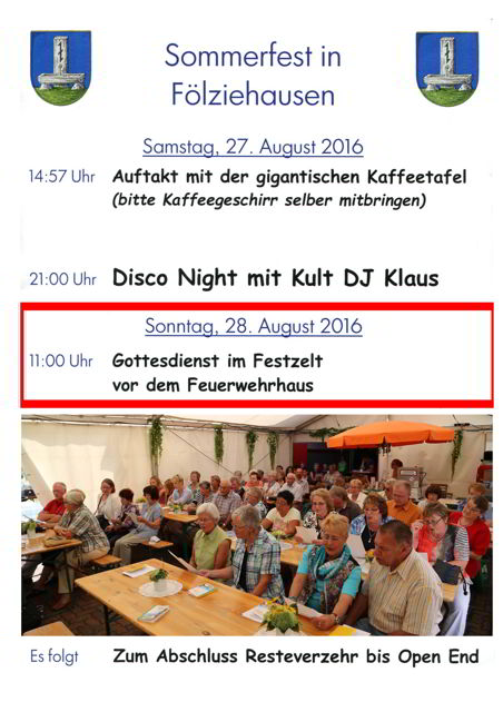 Einladung zum Gottesdienst und Dorffest nach Fölziehausen am 28.. August 2016 um 11Uhr
