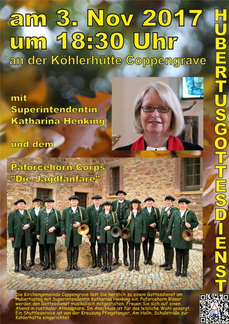 Hubertusgottesdienst am 3.11. mit Superintendentin K. Henking und den Paforcehorn Bläsern an der Köhlerhütte