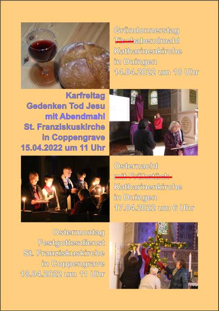 Hinweis zu Änderung zu den Ostergottesdiensten in Duingen