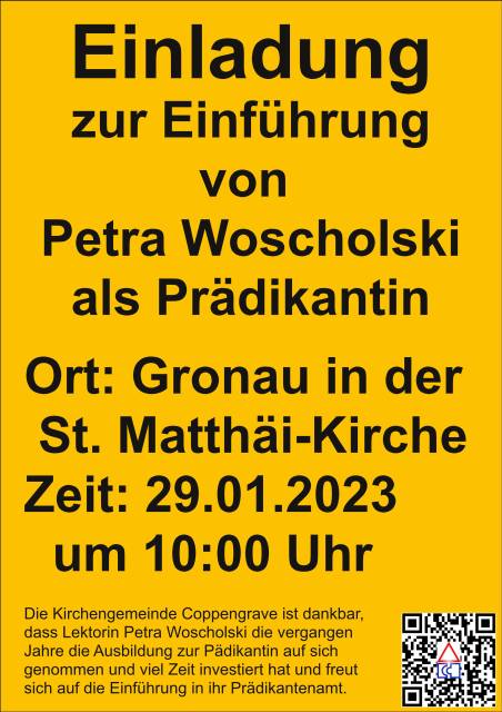 Einladung zur Einführung von Petra Woscholski als Prädikantin