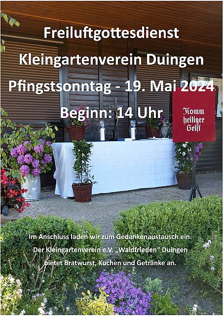 Einladung zum Pfingstgottesdienst in den Kleingarten nach Duingen